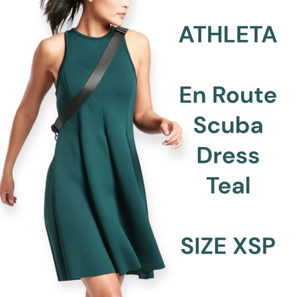 Athleta XS PETITE en route fit and flare scuba dress in dark teal blue green - Picture 1 of 11